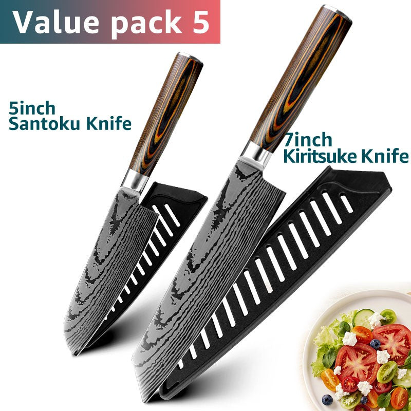 Conjunto de Facas de Cozinha 1-7PÇS Faca de Chef Japonesa Santoku 7CR17 Aço Inoxidável 440C Faca de Imitação de Damasco Cutelo de Carne Fatiador