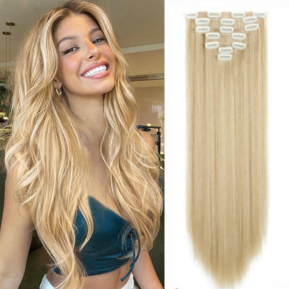 Apliques de Cabelo Preto Liso de 22 Polegadas, 130g, 7 Peças, Sintético, com Presilha