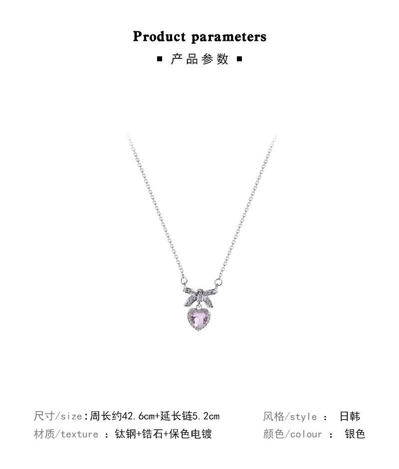 Colar coreano com pingente de laço de coração de cristal rosa, corrente prateada, para mulheres, joias estéticas para casamento