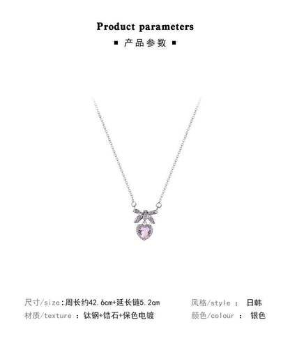 Colar coreano com pingente de laço de coração de cristal rosa, corrente prateada, para mulheres, joias estéticas para casamento