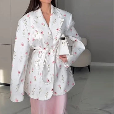 Women's 2025 Spring/Summer New Fashion Printed Loose Suit Collar Belted Waist - cinching Suit Jacket