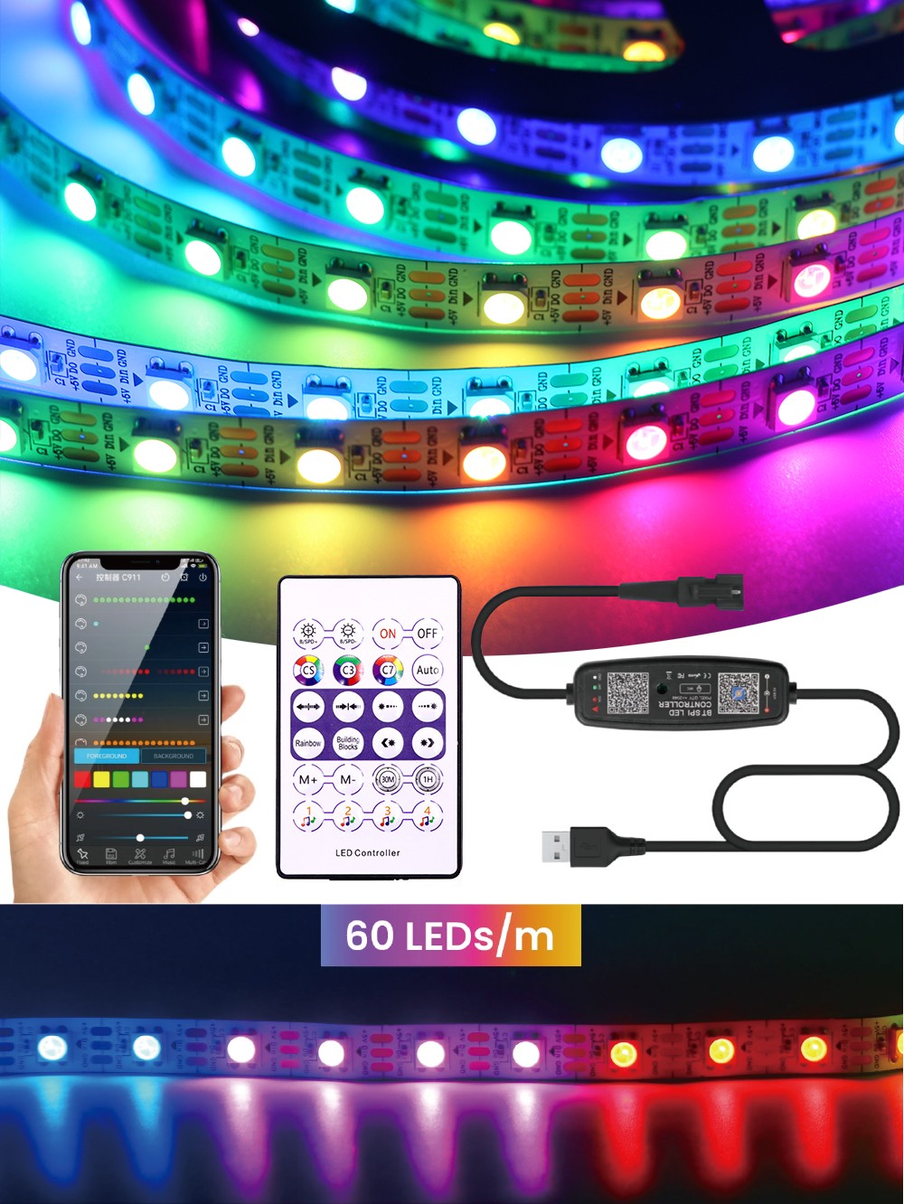 WS2812B LED Strip 5V 12V USB Bluetooth Music Controller Kit  Individually Addressable  RGB LED Strip 30/60/74/96/144Leds/m DC5V