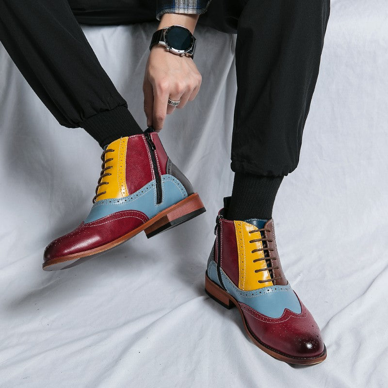 Luxury Fashion Men Leather Boots Flats British Style Sharp Pointed Color Matching Men Shoes Mens Slip-on Outdoor Flats Size 48