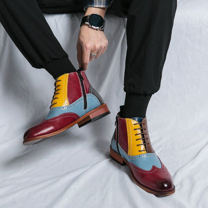 Luxury Fashion Men Leather Boots Flats British Style Sharp Pointed Color Matching Men Shoes Mens Slip-on Outdoor Flats Size 48