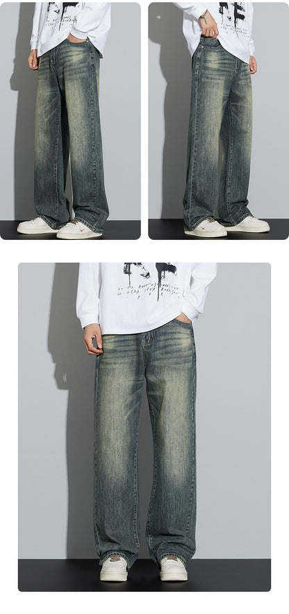 Calças Jeans Masculinas Folgadas de Algodão Perna Larga Retrô Estilo Urbano Coreano Reta Lavada Calças Jeans de Marca de Alta Qualidade