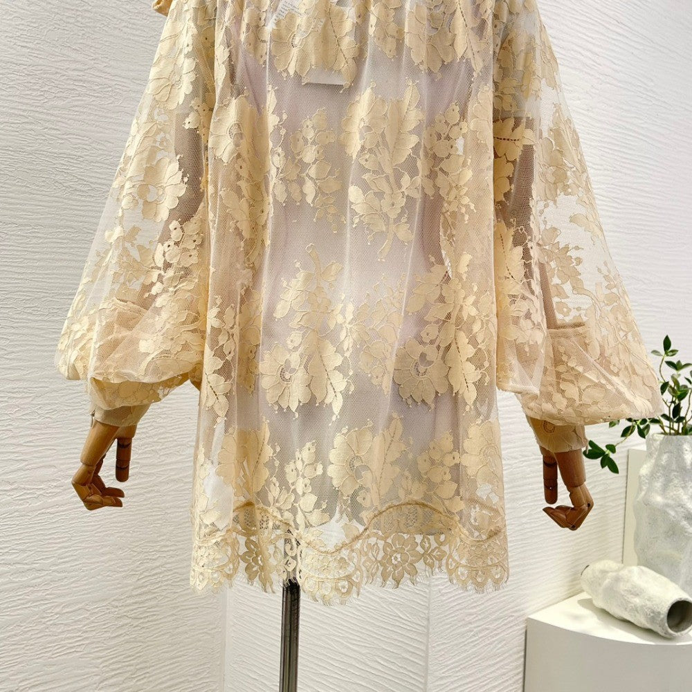 Milk Tea Color Long Sleeve Lace See Through Blouse Tops 2025 New Design