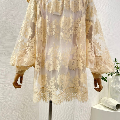 Milk Tea Color Long Sleeve Lace See Through Blouse Tops 2025 New Design