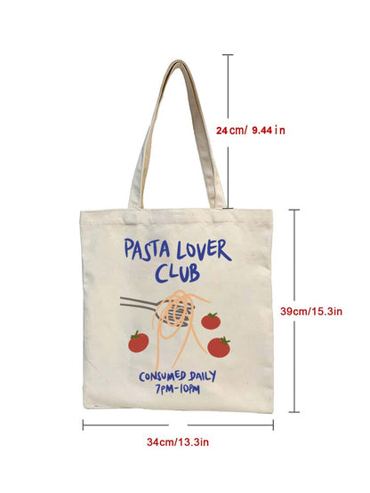 1pcs Pasta Lover Club Artistic Print Canvas Tote Bag Vintage Style Art Bag Luggage Bag Reusable Shoulder Bags