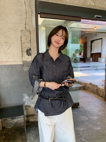 Versatile Chic Dongdaemun Denim Shirt Long Sleeve Woven Straight Cut Commute Urban Style Shirt Versatile Fashionable Shoulder...