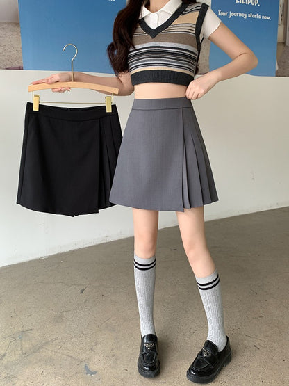 L-4XL Plus Size Skirt Women Spring Summer 2025 New Korean Fashion High Waist Pleated A Line Skirt Women Black Or Gray Mini Skirt