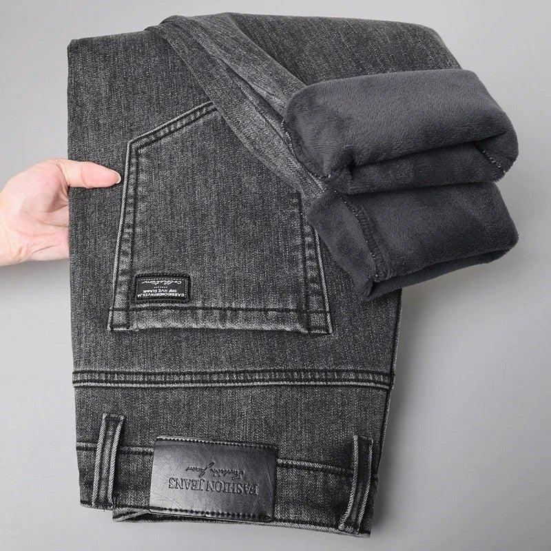 Calça Jeans Masculina de Inverno Slim Reta Elástica Jeans Casual Masculino Roupa Moda Calça Pelúcia Nova Moda Jeans Quente