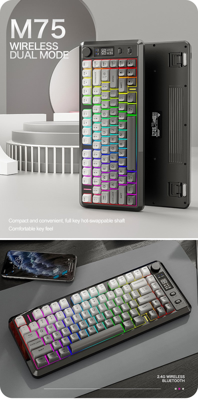 Teclado sem fio com tela M75, Bluetooth Dual-mode, teclas esféricas PBT gradiente, teclado gamer