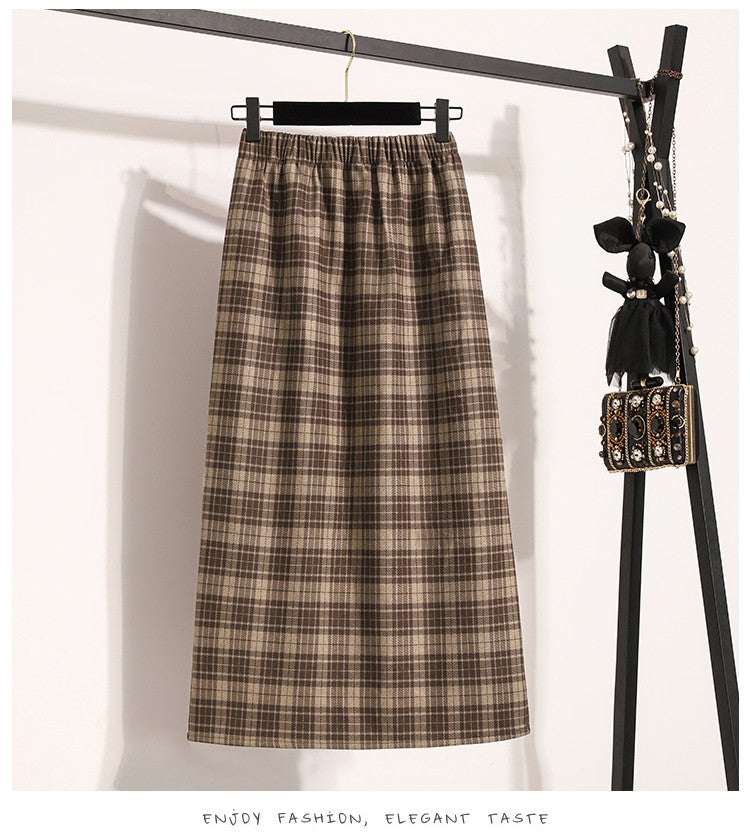 Plus Size Skirt Women 2024 Autumn Winter High Elastic Waist A Line Gray Or Khaki Plaid Skirt Korean Casual Long Skirts Womens
