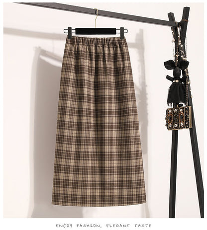 Plus Size Skirt Women 2024 Autumn Winter High Elastic Waist A Line Gray Or Khaki Plaid Skirt Korean Casual Long Skirts Womens