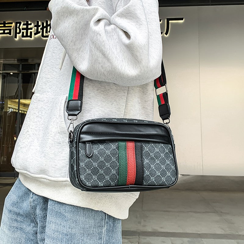 Casual Lightweight Sling Bag with Color Block Strap for Men PU Leather Messenger Bag Trend Wide Strap Crossbody Bags Designer
