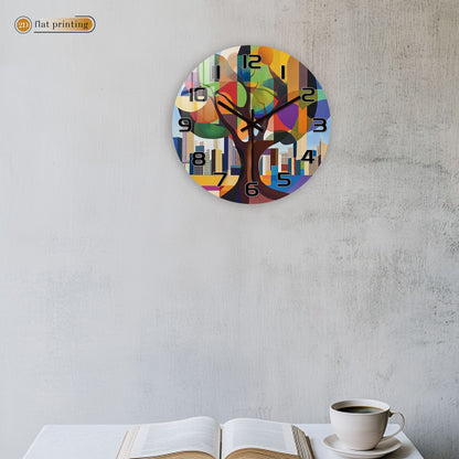Geometric Abstract Tree Wall Clock, Colorful Cityscape Backdrop, Modern Art Urban Nature Fusion Home Decor