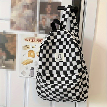Mochila de lazer coreana com design xadrez de cores contrastantes, mochila diária do mesmo estilo, mochila casual simples para ensino médio e fundamental