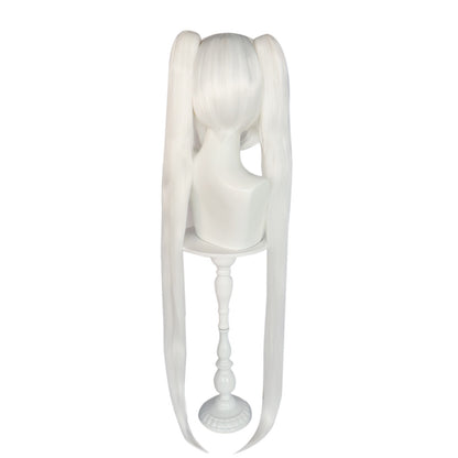 Peruca Sintética Longa Reta Branca Cosplay Rabo de Cavalo Duplo com Franja Peruca de Fibra Resistente ao Calor Adequada para Festa de Cosplay
