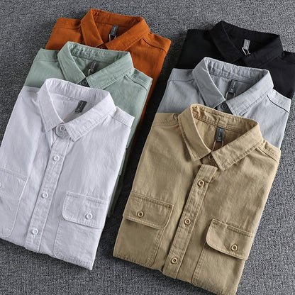 Men's British Simple Solid Color Long Sleeved Shirt Wash Woven Twill Cotton Versatile Ameikeji Fashion Male Cargo Work Shirt