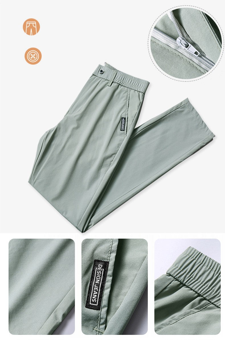Summer Silk Stretch Smooth Trousers Men Business Elastic Waist Korean Classic Thin Cool Black Gray Casual Suit Pants Male Brand
