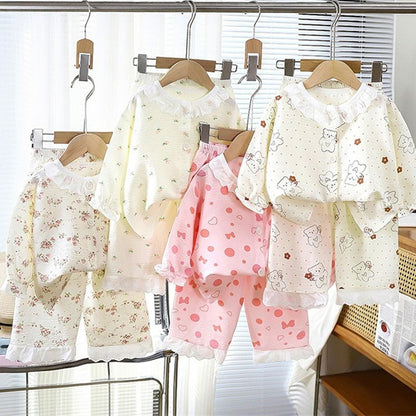 Kids Home Clothes 2Pcs Set Baby Loose Pajamas Fashion Girl Lace Floral Print Sleepwear Children Air Conditioner Long Sleeve Pant