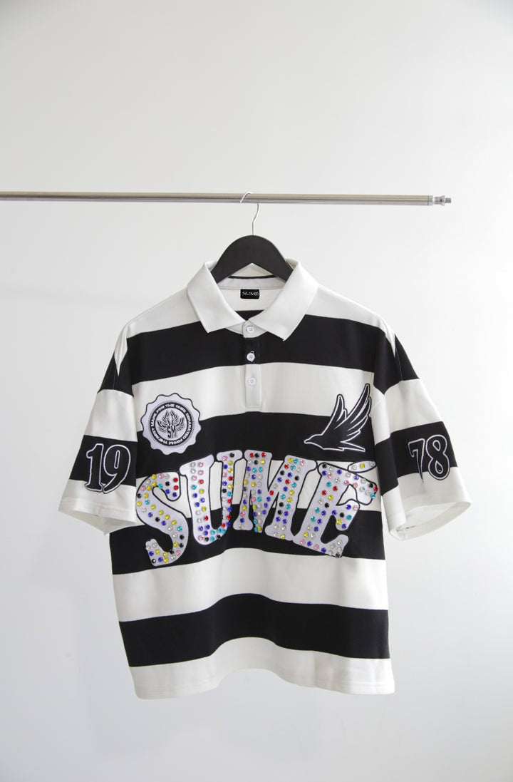 Sume New Retro Men Hip Hop Klein Stone Embroidery Stripe Polo Shirt Y2K Fashion Classic Lapel Neck Shirt Short Sleeves T shirt