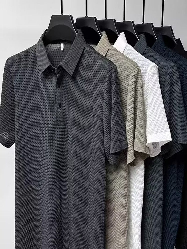 Summer New Men's Lop-up Hollow Short-sleeved Polo Tee Shirt Ice Silk Breathable Business Fashion T-Shirt Male Brand Clothes