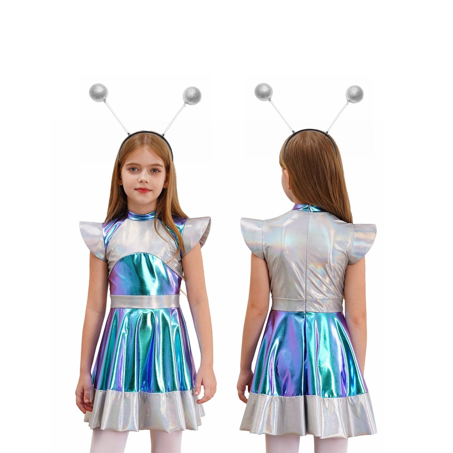 Kids Alien Cosplay Costume Outfits Boys Girls Metallic Shiny Alien Jumpsuit Halloween Full Length Bodysuit with Hair Hoop Suit