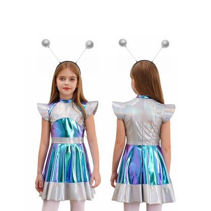 Kids Alien Cosplay Costume Outfits Boys Girls Metallic Shiny Alien Jumpsuit Halloween Full Length Bodysuit with Hair Hoop Suit