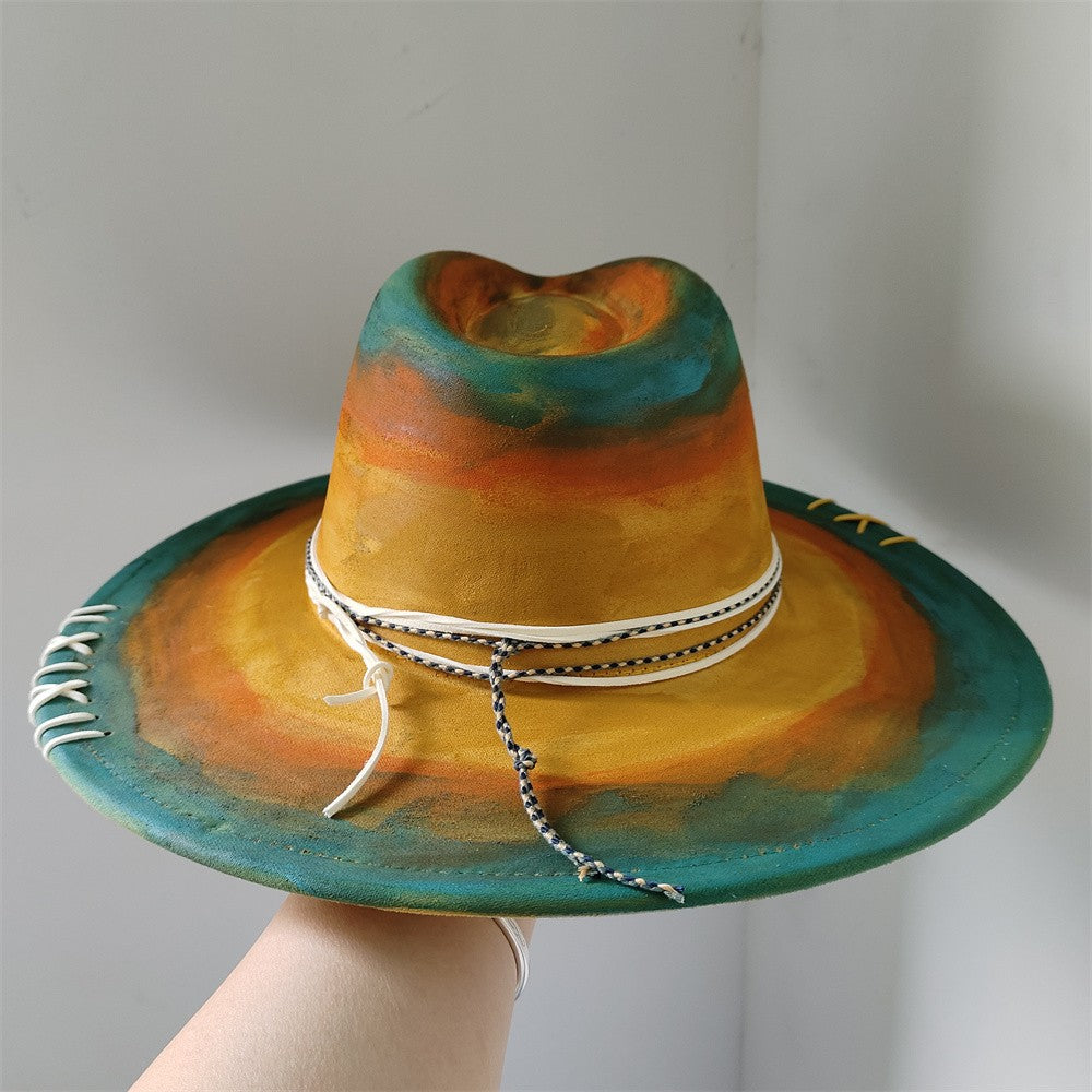 Chapéu Fedora Pintado à Mão Masculino e Feminino Chapéu Panamá Moda Primavera Outono com Pena Envolta Chapéu Fedora de Lã com Aba Grande