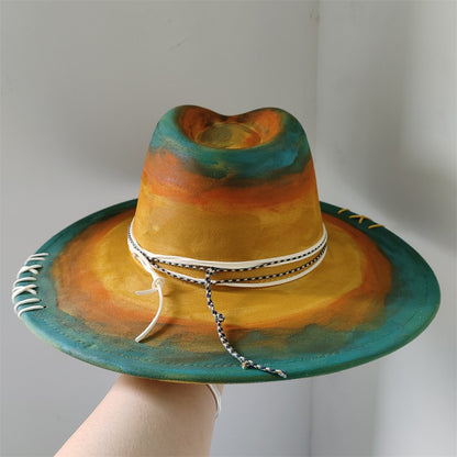 Chapéu Fedora Pintado à Mão Masculino e Feminino Chapéu Panamá Moda Primavera Outono com Pena Envolta Chapéu Fedora de Lã com Aba Grande