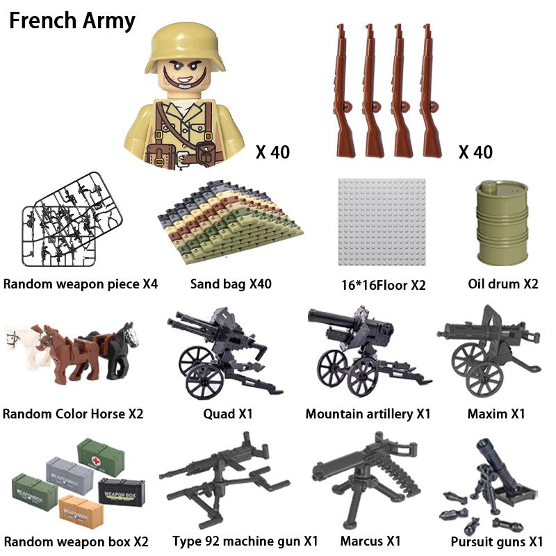 Brinquedos de blocos de montar para crianças: Modelos de Mini Armas de Exército Nacional de Guerra de Soldados de Infantaria da Segunda Guerra Mundial