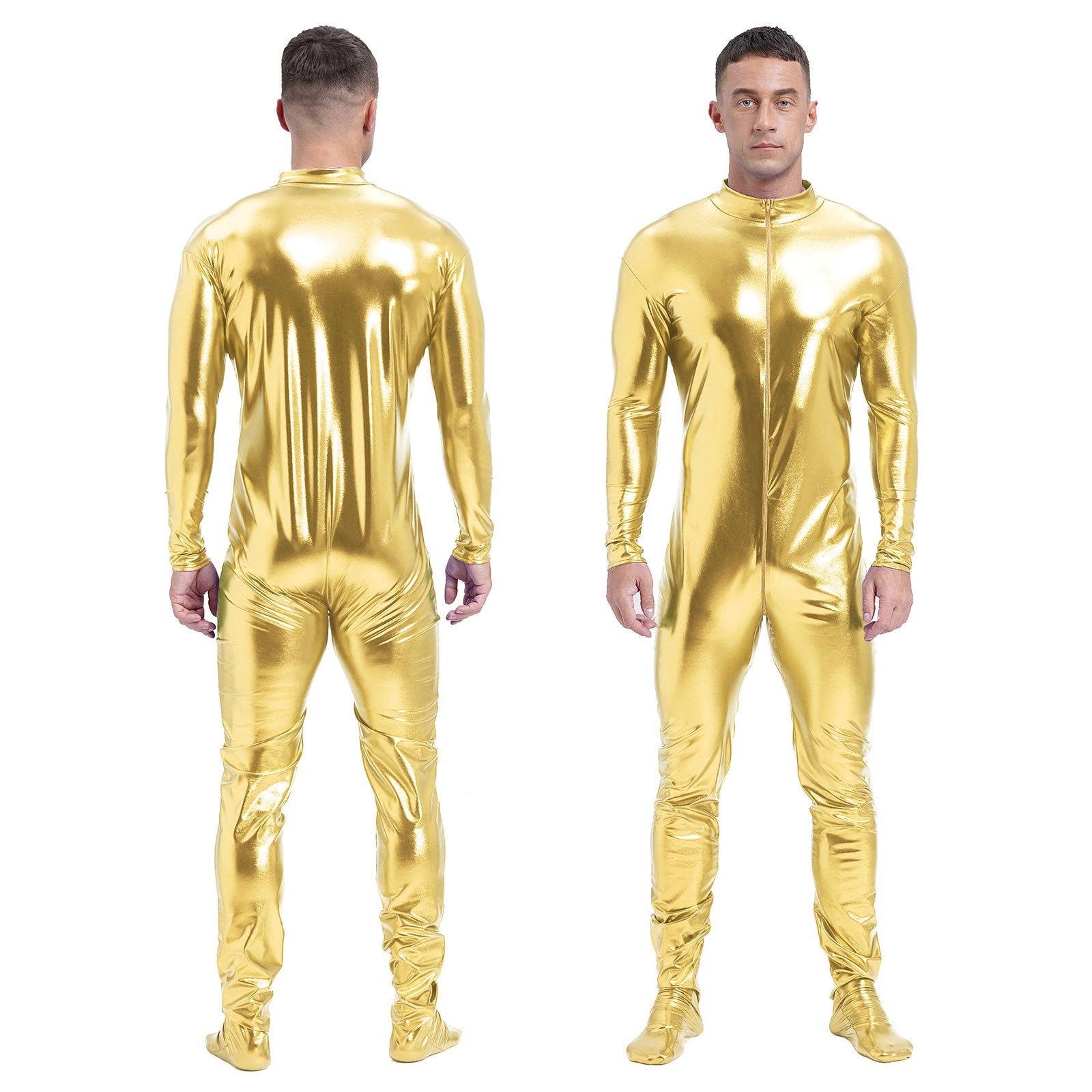 Men's Shiny Metallic Zentai Dress-up Jumpsuit Cosplay Costume Performance Stage Disco Clubwear Full Body Unitard Tights Leotard