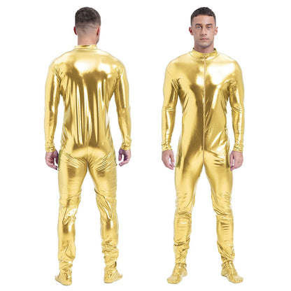 Men's Shiny Metallic Zentai Dress-up Jumpsuit Cosplay Costume Performance Stage Disco Clubwear Full Body Unitard Tights Leotard