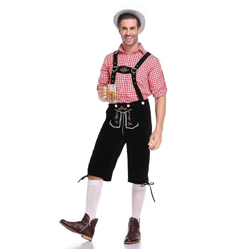 Germany Oktoberfest Costumes Adult Men Traditional Bavarian Beer Shorts Outfit Overalls Shirt Hat Suspenders Set Halloween Cloth