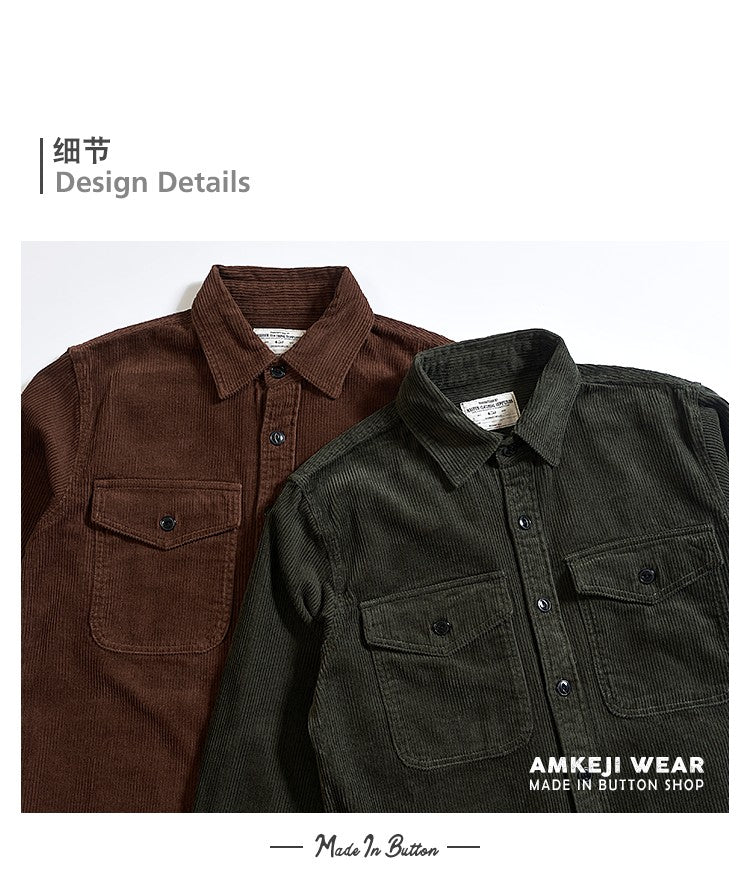 Autumn and Winter New American Retro Thick Corduroy Solid Color Cargo Shirt Men's Pure Cotton Long-sleeved Pocket Casual Blouses