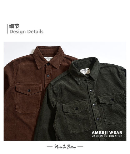 Autumn and Winter New American Retro Thick Corduroy Solid Color Cargo Shirt Men's Pure Cotton Long-sleeved Pocket Casual Blouses