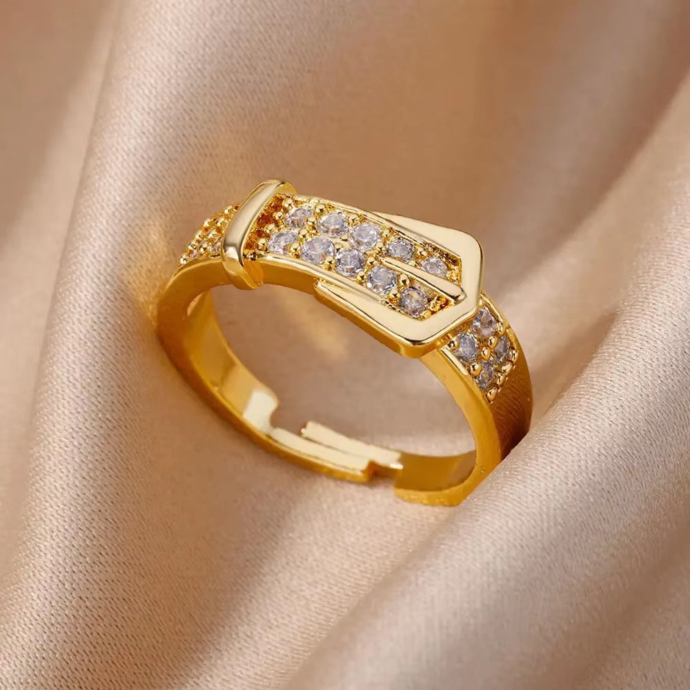 Anéis de Aço Inoxidável Banhados a Ouro com Cristal para Mulheres Corrente Geométrico Zircônia Anel de Dedo Joia Presente anillos mujer 2025 Novo e Moderno