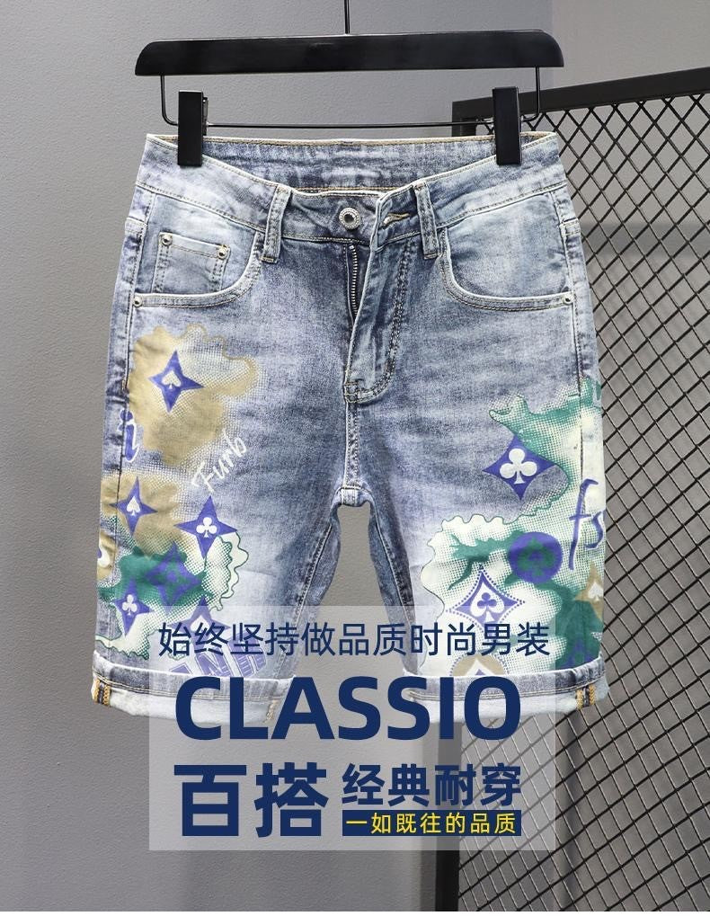 Summer 2024 New Fashion Trend Printed Stretch Cotton Shorts Men's Casual Sashimi Comfort High Quality Plus-Size Denim Shorts