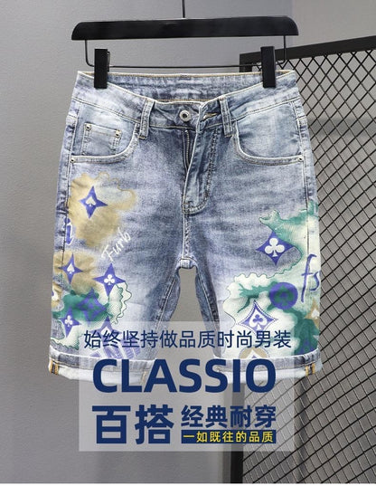 Summer 2024 New Fashion Trend Printed Stretch Cotton Shorts Men's Casual Sashimi Comfort High Quality Plus-Size Denim Shorts