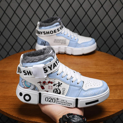 Mens Board Shoes 2025 Winter New High Top Winter Warm Casual Sports Shoes Flat Cotton Comfortable Outdoor Walking Shoes for Men