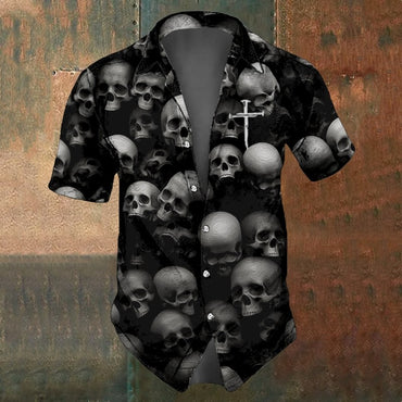Retro Men's Shirts Small Skull Print Short Sleeve Loose Oversized Hawaiian Shirt Fashion Man Clothes Skull Black Shirts For Men
