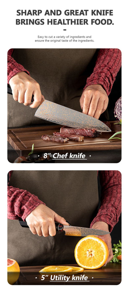 Amber VG10 Damascus Steel Kitchen Knife Set with Resin Handle, Damascus Chef Knife Set, Latest Styles, 37Layers, VG10