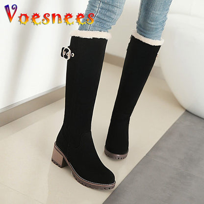 Women's Winter Warm Long Boots 2022 New Fashion Flock Knee-High Boots Exquisit College Style Plush Thick Soled Zip Female Shoes