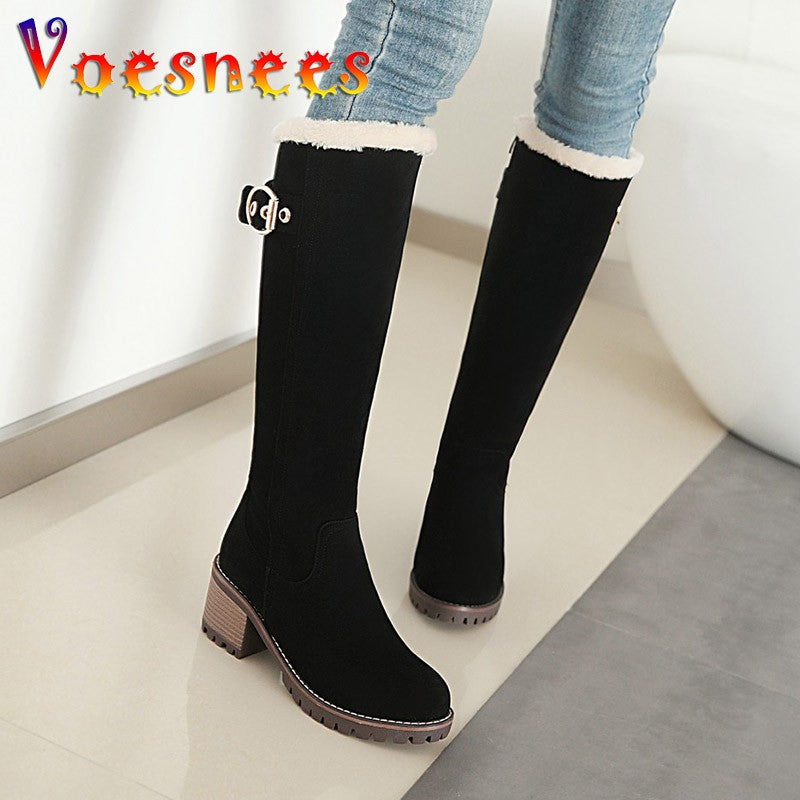 Women's Winter Warm Long Boots 2022 New Fashion Flock Knee-High Boots Exquisit College Style Plush Thick Soled Zip Female Shoes