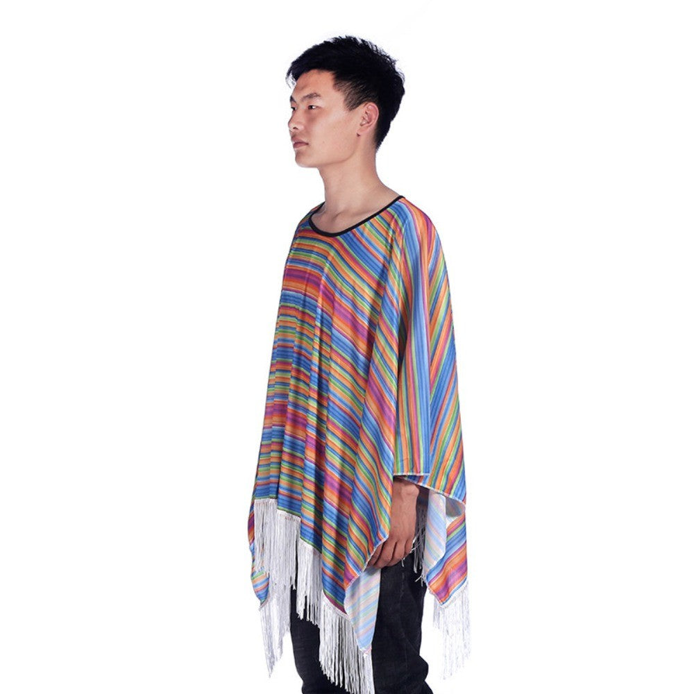 Ethnic Cloak Mexican Costume Halloween Rainbow Stripe Mexican Style Cloak Cape Dress-up Cosplay Mexican Poncho Festival Party