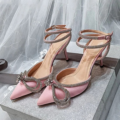 2025 Nova Moda Glitter Strass Sapatos Femininos Bico Fino de Seda com Laço de Cristal Salto Alto Fino com Fivela Sapatos de Festa e Formatura