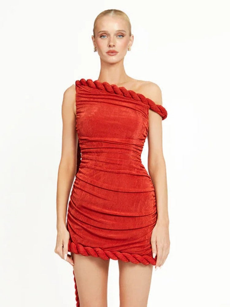 New Sexy One Shoulder Patchwork Twist Knot Draped Mini Dress Women Diagonal Collar Ruched Bodycon Dresses Evening Party Cocktail