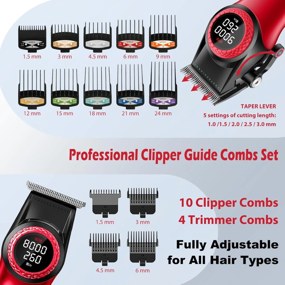 VGR Hair Trimmer Professional Hair Cutting Machine Electric Barber Clippers Adjustable 9000RPM Metal Trimmer for Men V-001 V-977