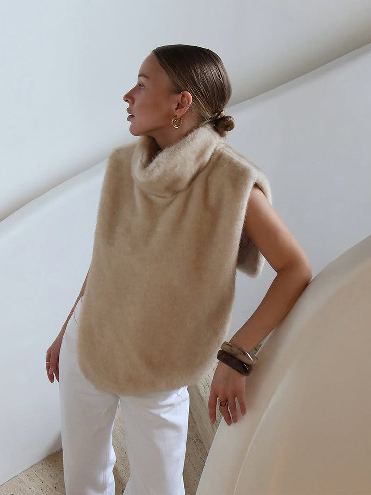 Women Solid Faux Fur Vest Crop Top Fashion Turtleneck Fluffy Short Tank Tops 2025 Winter Lady Elegant Sleeveless Jacket Coat